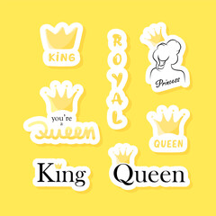 King and queen sticker set. Cute vector notebook label clip art. Royal quotes.