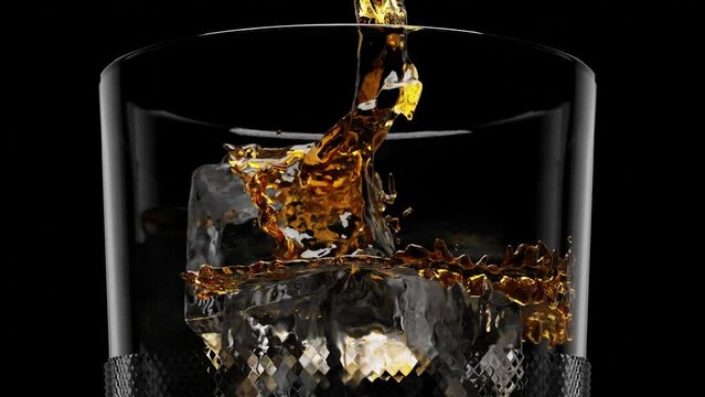 Alcohol is poured into a glass with ice. Glass with ice and whiskey close-up. Slow motion shot of pouring whiskey or rum into a glass with ice