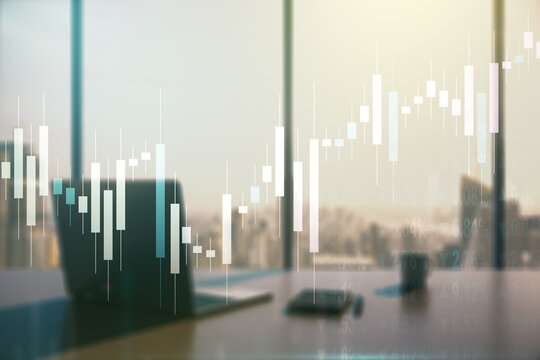 Double exposure of abstract creative financial chart and modern desktop with laptop on background, research and strategy concept