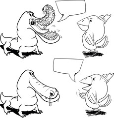 Crocodile with snot and parrot are talking about something. 