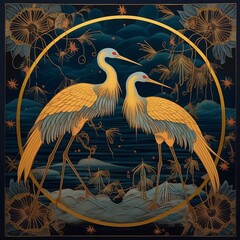 Fototapeta premium two cranes in the style of a kimono, generative ai