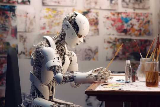 Futuristic Modern Robot Artist Painting Oil Paints Artificial Intelligence Workshop