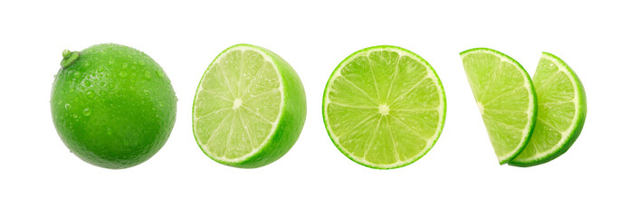 Lime has water drop with slice collection isolated on white background.