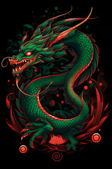 A green and red dragon on a black background. Generative AI
