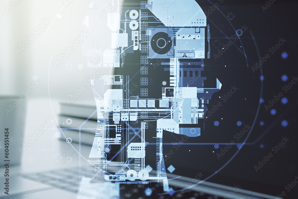 Poster double exposure of creative artificial intelligence symbol with modern laptop on background. neural 
