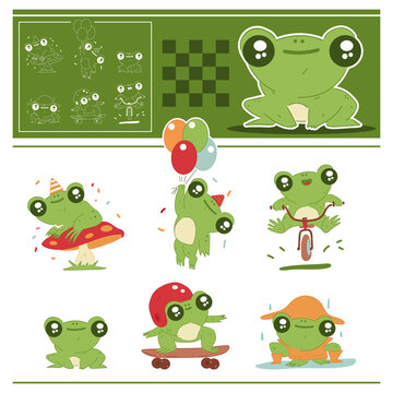 Cute little frogs vector cartoon set isolated on a white background.