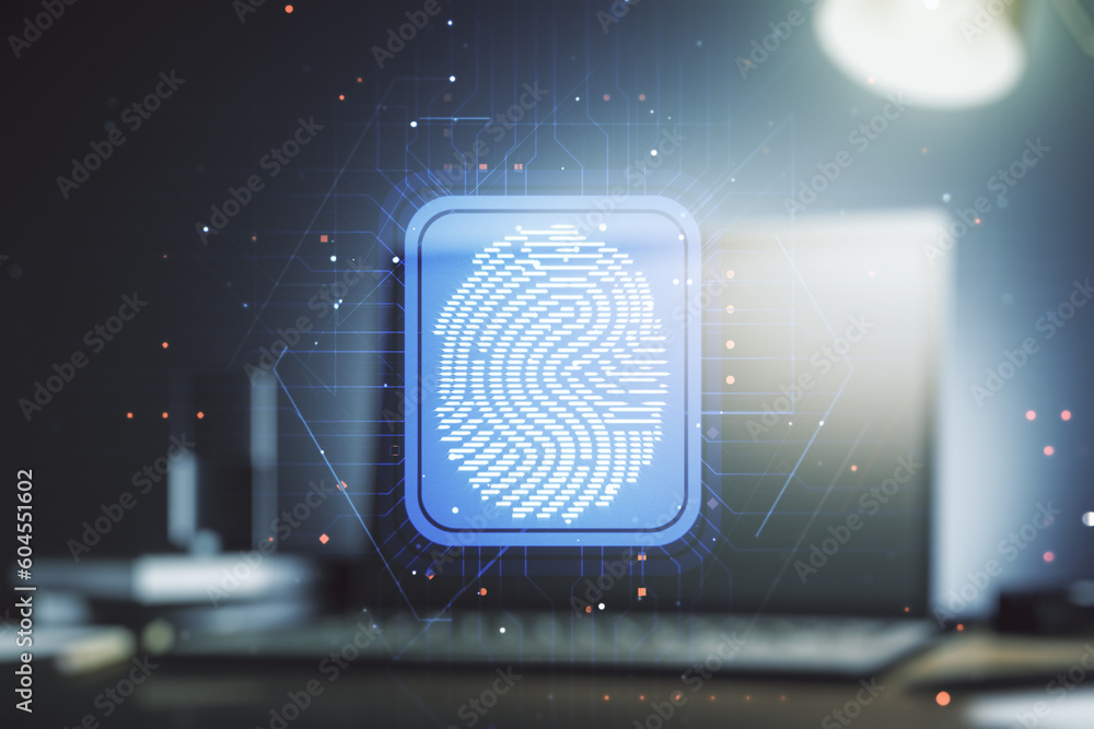 Poster abstract creative fingerprint illustration on modern computer background, personal biometric data co
