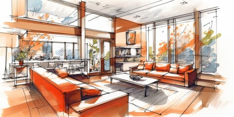 Living room sketch design concept. Generative AI - obrazy, fototapety, plakaty