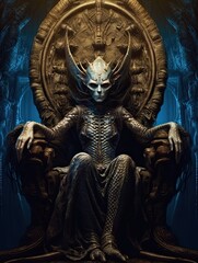 Alien pharaoh on a throne ruling. Generative AI
