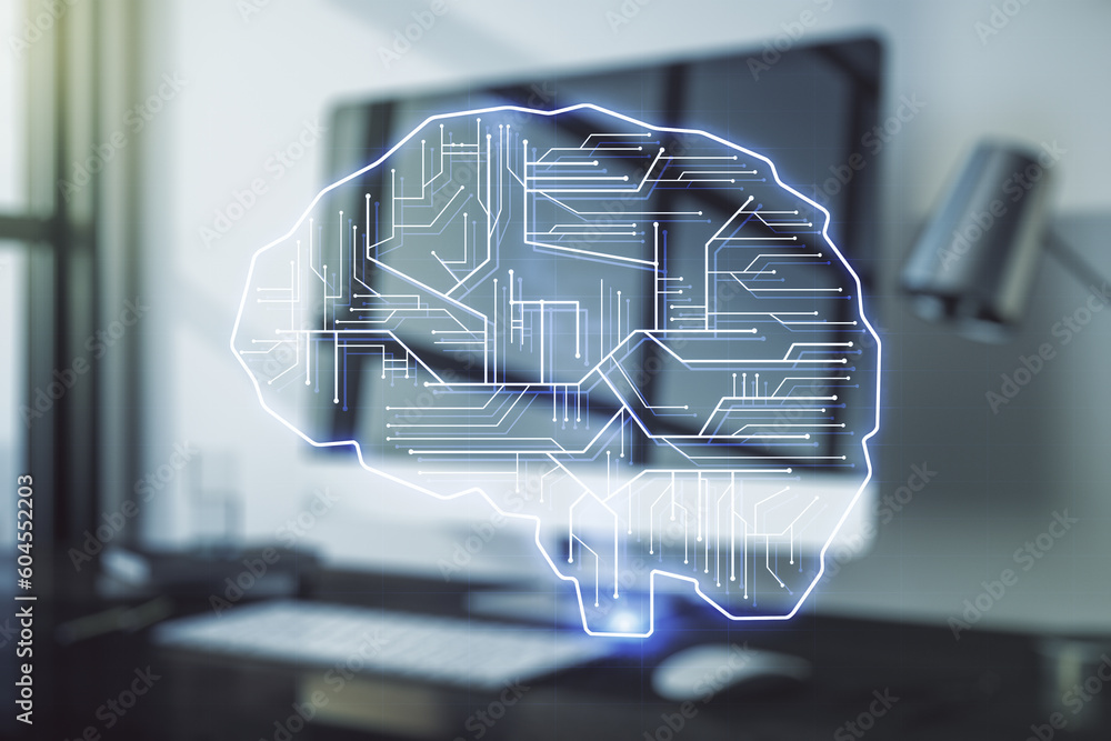 Poster double exposure of creative artificial intelligence symbol with modern laptop on background. neural 