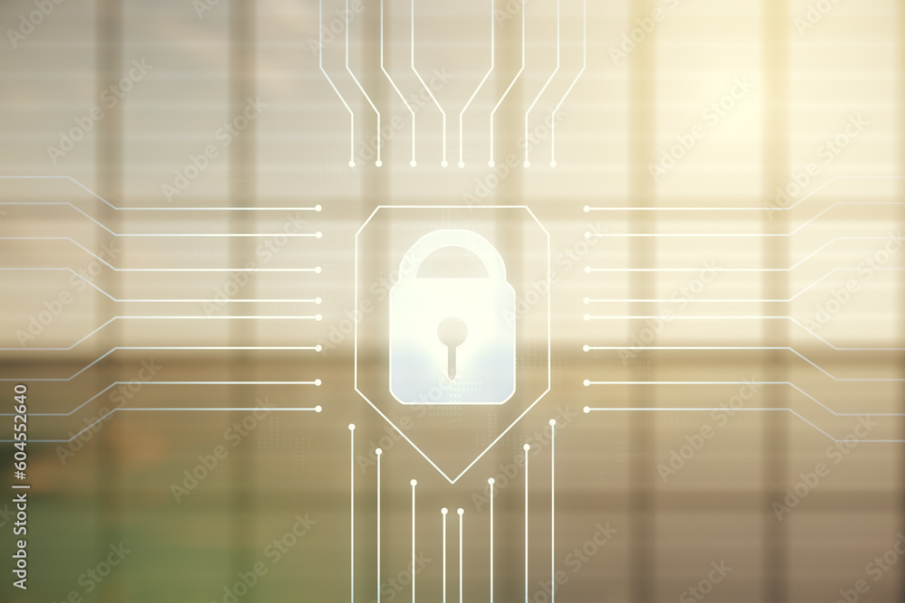 Poster virtual creative lock sketch with chip hologram on empty classroom background, protection of persona
