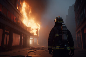 Naklejka premium Fireman standing in front of a burning house, ready to fight the flames. Firefighting profession and career. Is AI Generative.