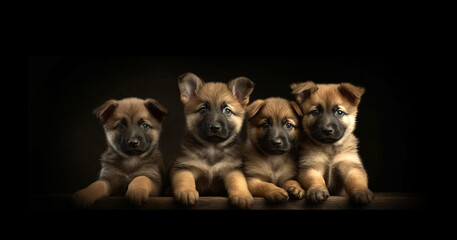 Litter Puppies in studio, portrait of cute puppy litter in a row on dark background, pets,dogs concept, adorable dog copy space