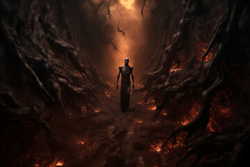 Obraz premium States of minds, religious and horror concept. Human soul and burning human body going to hell abstract illustration. Generative AI