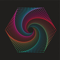abstract pentagon with halftone dots design. Vector illustration of the colorful dotted hexagon swirl on a black background. Beautiful spiral vortex dots. - obrazy, fototapety, plakaty