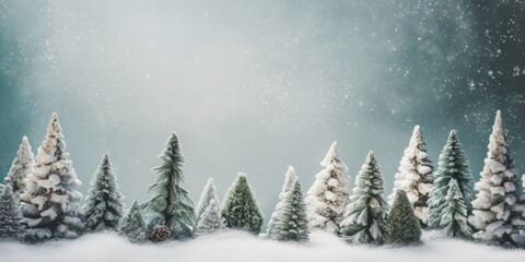 Fototapeta premium Winter fir trees and pines. Christmas and New Year background. Festive seasonal Christmas bright background. Holiday poster and banner, greeting card. generative ai