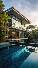 Fototapeta premium Crystal Clear Waters and Architectural Marvels: The Modern Glass House with a Pool