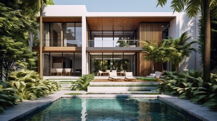 Fototapeta na wymiar Reflections of Elegance with a Modern Glass House and Swimming Pool