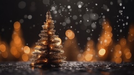 Winter Christmas trees and pine trees in bright decorative lights of garlands and bokeh. New Year background. Festive seasonal Christmas bright background. Holiday poster and banner. generative ai