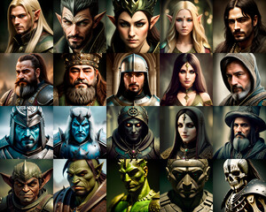Fantasy hero portraits pack. Fantasy characters - elf, knight, magician, wizard, orc, goblin, golem, necromancer, skeleton, dwarf, warrior, lizardman. Set for RPG game. Generative AI