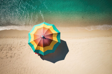 A vibrant beach scene. A pristine sandy beach, crystal clear turquoise waters, and a colorful beach umbrella casting a playful shadow. AI Generative