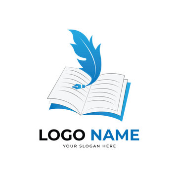 Pen quill book logo writing on an open book vector template