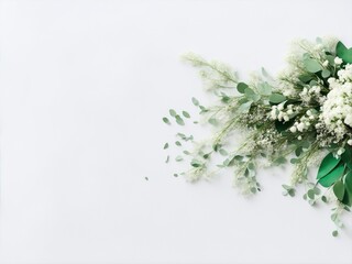 Styled stock photo. Feminine wedding desktop mockup with baby's breath Gypsophila flowers, dry green eucalyptus leaves, satin ribbon and white background. Top view. Picture for blog, generative ai