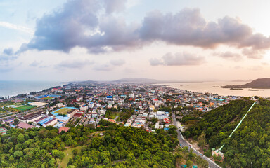 Songkhla Cityscape in panoramic view. Beautiful aerial view from Songkhla, Thailand. Sunset over the dusky sky.