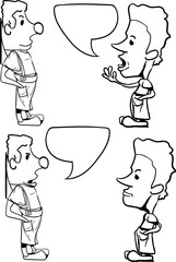 The first character leaned against the wall with the back of his head and listens to the second person. Then he says something in response.