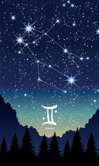 Gemini zodiac sign, constellation in the night sky, landscape vertical postcard for stories. Template for astrology, fortune teller, astronomy calendar. Modern vector illustration.