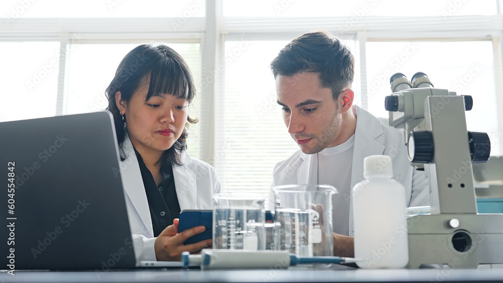 Poster multinational researcher group experimenting in the lab. research and development.