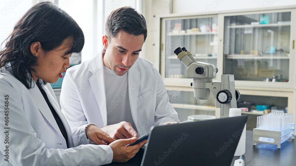 Poster multinational researcher group experimenting in the lab. research and development.