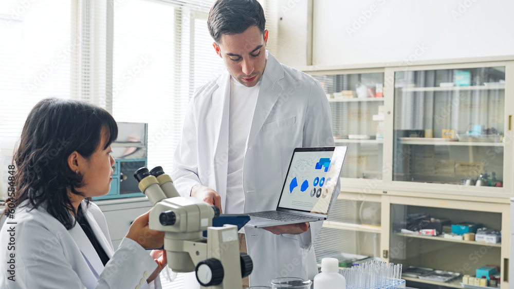 Poster multinational researcher group experimenting in the lab. research and development.