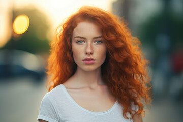 Portrait of a young woman with rich red color hair in the city. High quality photo Generative AI