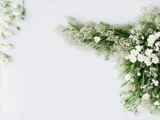 Styled stock photo. Feminine wedding desktop mockup with baby's breath Gypsophila flowers, dry green eucalyptus leaves, satin ribbon and white background. Top view. Picture for blog. Generative ai © Aimages