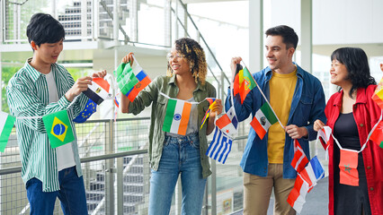 Multinational group with bunting flags. International exchange.