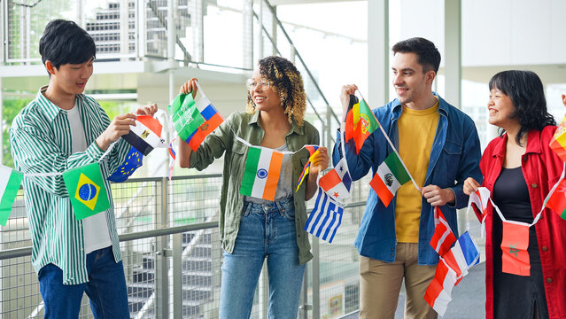 Multinational group with bunting flags. International exchange.