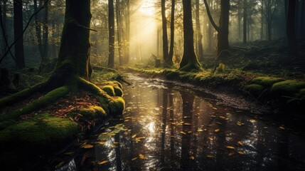 A surreal landscape - a whimsical forest with sunrays, a place where reality and fantasy blend together.