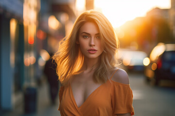 Obraz na płótnie Canvas Portrait of a young woman with rich blond color hair in the city. High quality photo Generative AI