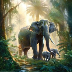 una linda familia de elefantes en la selva