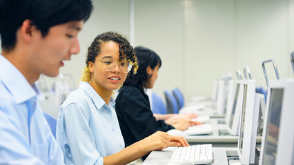 Multinational operator group working in the office. Call center. Customer support staff.