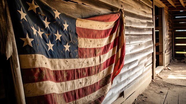 Close-up of a weathered american flag on an old barn or historic building, showcasing the enduring symbol of American history and heritage. Generative ai
