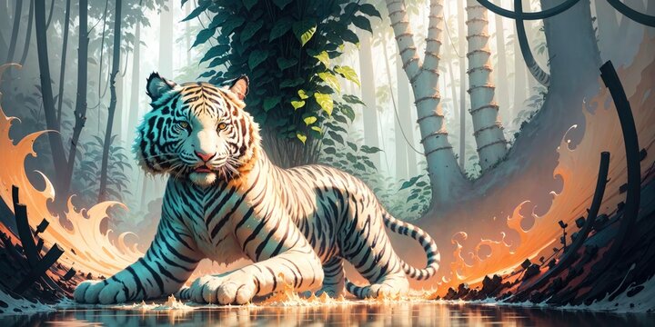 Anime Style Tiger, White Tiger, Sky Background, Colourful, Generative Ai, Generative, Ai