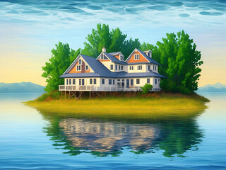 Fisherman house on the lake. AI generated illustration