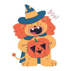 Cute lion in Halloween costume vector cartoon character isolated on a white background.