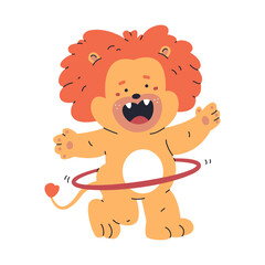 Cute lion with hula hoop vector cartoon character isolated on a white background.