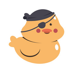 Cute bathroom rubber duck in pirate costumes vector cartoon character isolated on a white background.