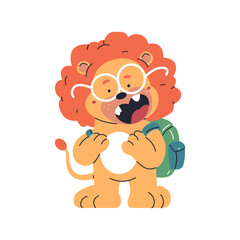 Cute schoolboy lion vector cartoon character isolated on a white background.
