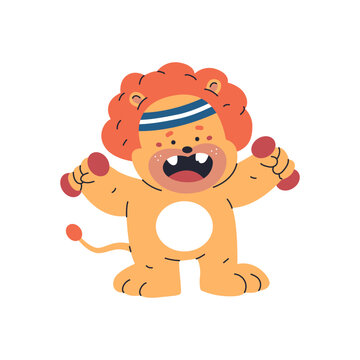 Cute lion with dumbbells vector cartoon character isolated on a white background.