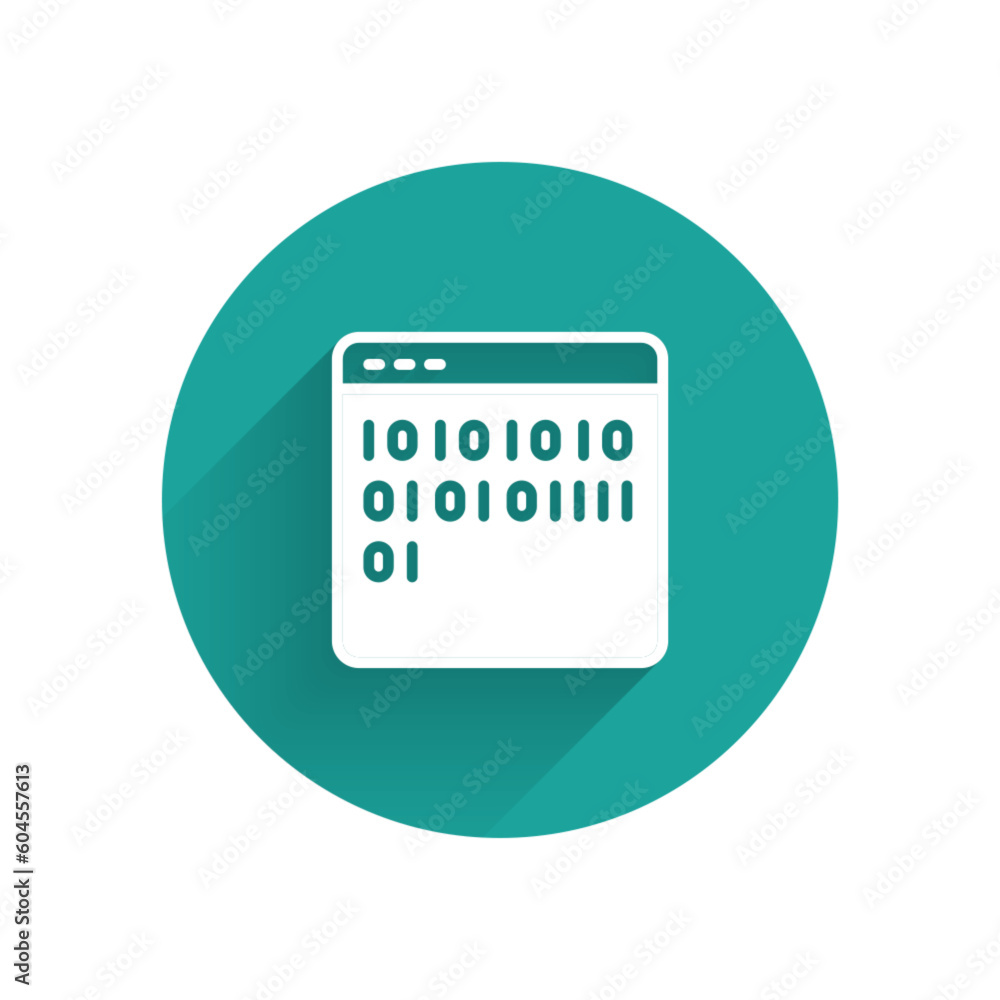 Aufkleber white binary code icon isolated with long shadow. green circle button. vector